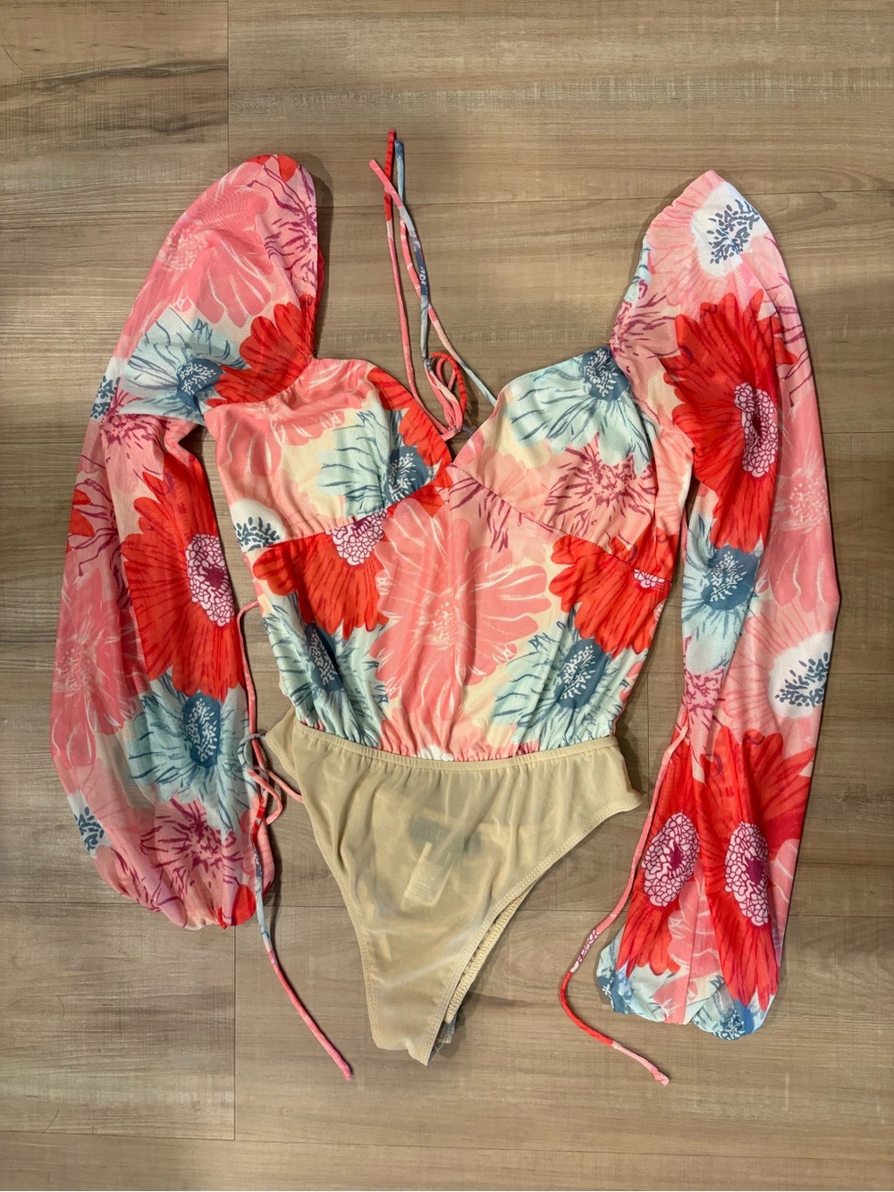 Floral Puff-Sleeve Body Suit - Pink & Red